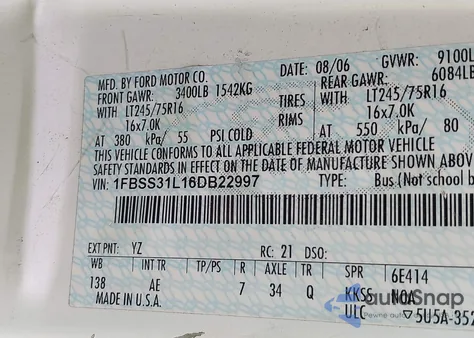 2006 Ford E-350 Super Duty Xl/Xlt из США, поврежденный, VIN 1FBSS31L16DB22997